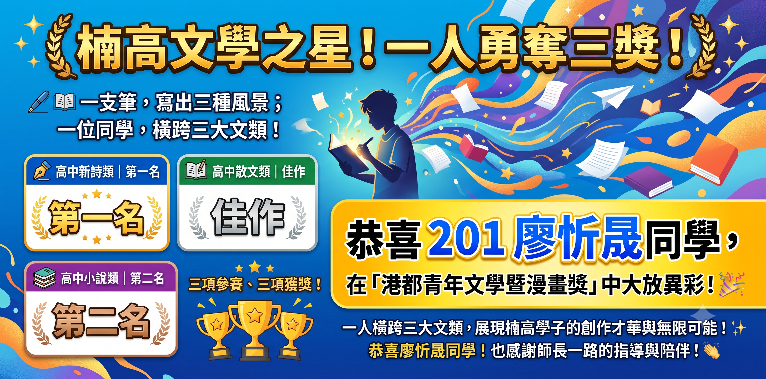 楠高文學之星！一人勇奪三獎！
